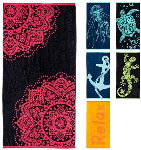 Pure Label Strandtuch 90x180 cm | Velour Strandlaken aus 100% Baumwolle | Pflegelichtes, saugstarkes Strandhandtuch mit einem Ornament (Rot/Schwarz)