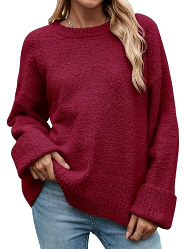 heekpek Jersey Mujer Invierno Otoño Cuello Redondo Suave Jersey de Punto Cálido Sweater Mujer de Felpa Jersey Mujer Talla Grande, Burdeos, M