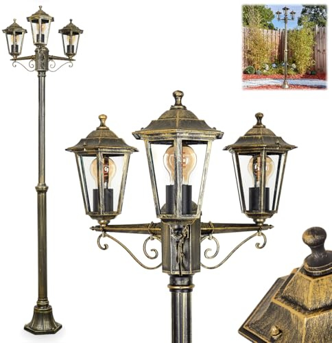 Kandelaber Loria, Außenwegeleuchte aus Metall/Glas in Gold/Braun/Klar, Leuchte im Antik/Vintage-Design für Garten/Außenbereich/Terrassen, Höhe: 200 cm, 3 x E27, ohne Leuchtmittel, IP44