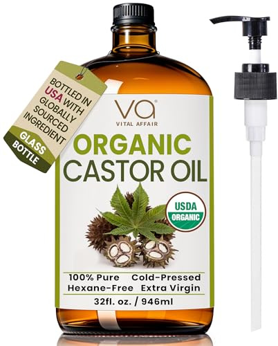 VITAL AFFAIR Pure Organic Castor Oil 32oz – Cold Pressed, Unrefined, USDA Organic – Glass Bottle for Hair Growth, Eyelashes, Eyebrows, Face & Castor Oil Packs