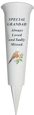 Memorial Grave Flower Pot - 33cm tall Sturdy White Memorial Graveside Flower Vase with Spike and Robin Image (Grandad 8682)