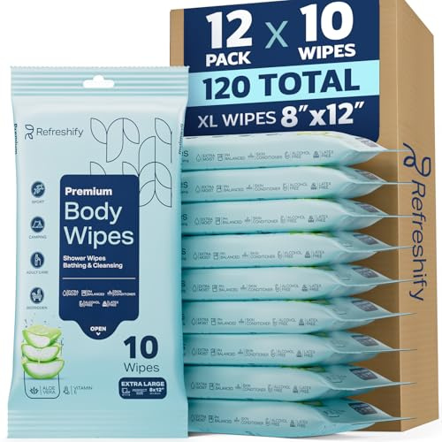 120 XL Shower Wipes – Body Wipes for Adults Bathing No Rinse – 12 Packs of 10 – Extra Moist Bath with Aloe & Vitamin E for Camping, Travel, Gym & Bedridden Care