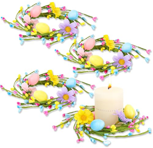 Jansun 4 Pcs Easter Candle Rings Mini Wreaths Pink Blue Eggs and Berry Candle Holder Rings for Easter Table Centerpieces Door Handle Decoration