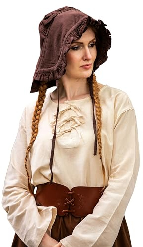Leonardo Carbone® Damen Kopfbedeckung Bundhaube Mit Rüsche | Verzierter Rand | Bequeme Passform | Karneval, Halloween, Cosplay, LARP, Mittelalter, Haube, Hut | 100% Baumwolle Braun