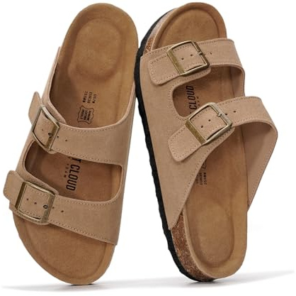 Project Cloud 100% Genuine Leather Flat Sandals For Women 2026 Cork Footbed Womens Sandals with Memory Foam and arch support Vacation Essentials Slides for Women Footwear (VenitaWD,CHSTNUT,11)