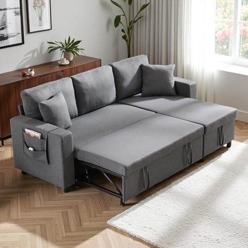 Zubaliya Canapé 3 Places en L avec Porte-gobelet de Poche,canapé Chaise Longue Interchangeable Gauche et Droite avec Espace de Rangement, Canapé d'angle Convertible avec Fonction Couchage,Gris foncé
