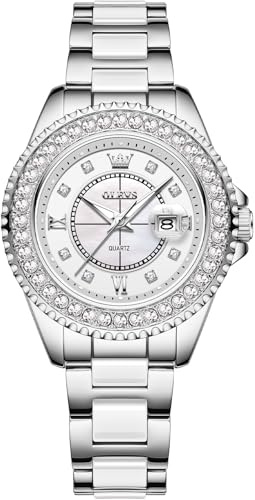 OLEVS Watches for Women Diamond Rose Gold Ceramic Ladies Wrist Watch Fashion Stainless Steel Luxury Dress Waterproof Date Watches Gift