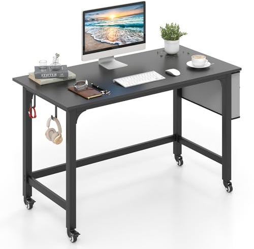 GIANTEX Escritorio de Ordenador con 4 Ruedas Universales, con Bolsillo Lateral y 2 Ganchos, 120 x 60 x 75 cm, Carga hasta 100 kg, Mesa de Trabajo para Oficina, Dormitorio, Estudio (Negro)