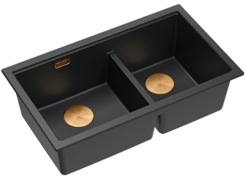 QUADRON Evier 2 Bacs Evier en Granit Cuisine | Dimensions 78 x 50 x 23,5 cm Couleur : Pure Carbon & Copper Pvd | LOGAN 120 | Evier en Granit avec siphon | Evier 2 Bacs sous Evier à partir de 80 cm