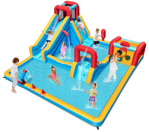 COSTWAY Inflatable Water Park, 9 in 1 Giant Kids Bouncy Castle with Double Slides, Climbing Wall, Splash Pools, Water Cannon, Outdoor Blow Up Bounce House for 3-12 Years Old (without blower)