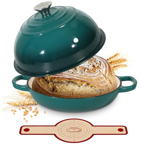 Homtone Horno holandés de hierro fundido esmaltado de 26 cm para pan de masa madre, olla holandesa con tapa abovedada, olla de pan de hierro fundido (verde azulado degradado, con cabestrillo de pan)