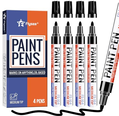 Alitastro Black Paint Pens 4 Pcs Oil Based Medium Tip Permanent Marker Pen | Waterproof, Quick-drying, Fade Resistant, 3mm Paint Markers for Rock Painting, Plastic, Metal, Car Tyre, Glass, Wood, Canvas