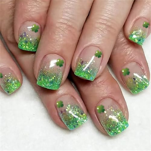 Lot de 24 faux ongles courts en acrylique à presser pour femme Motif trèfle vert