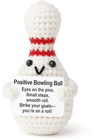 Weming Positive Sports Motivation – Mini Crochet Bowling Ball Plush with Message Sign, Handmade 4-inch, Strike Goals, Desk Decor, Year-Round Encouragement