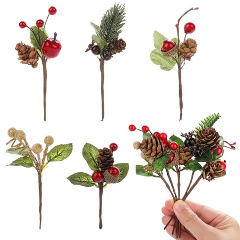 Hsrag Artificial Pine Picks, Christmas Red Berries Pine Cones Stems, Mini Stimulation Red Berries Branches for Xmas Flower Arrangements Wreaths Decorations (20)