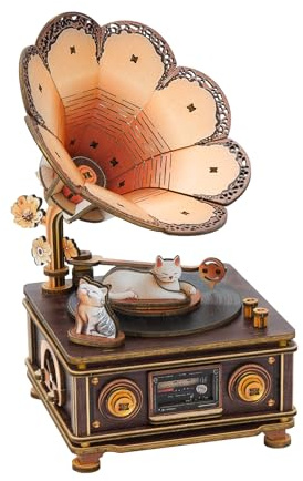 Rnfinewow Casse-tête 3D pour adultes, boîte à musique phonographe en bois faite à la main, boîte à musique 3D en bois, tourne-disque vintage pour décoration d'intérieur, cadeaux uniques pour les