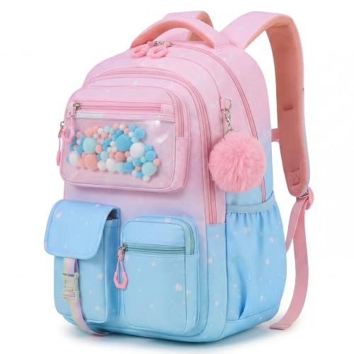 Amythe Zainetto Bambina Scuola Elementare e Media, Zaino Scolastico per Bambine Ergonomico Riflettente Zaino Casual per Bambini con Adorabili Ciondoli 20L, Rosa-blu