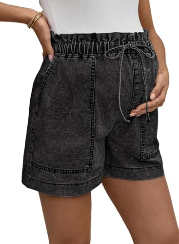 BLENCOT Women Maternity Jeans Shorts High Rise Stretchy Drawstring Plus Size Denim Summer Workout Pregnancy Comfy Clothes with Pockets Medium Black