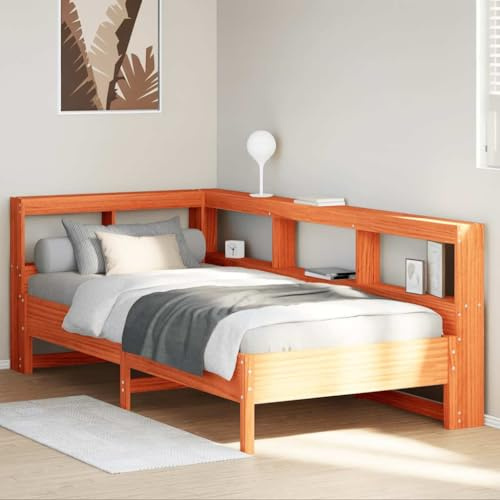 Kaloriko Massivholzbett Kiefer, Wachsbraun 90x200 cm, mit integriertem Regal Kopfteil, platzsparendes Design, stabiles Bettgestell für Schlafzimmer