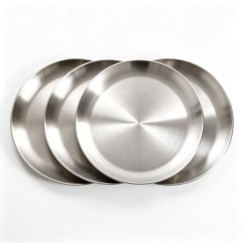AHMistool 4 Stück CampingTeller Edelstahl, Runden Geschirr 17cm Barbecue Dish, Kuchenform, Tablett, Retro Matte Runde Servierplatte für Camping Picknick Wandern Küche Party (Silber, 17cm)