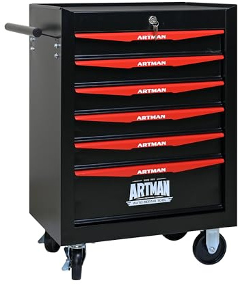 Generisch Carrello portautensili con cassetti con cuscinetti a sfera, 4 ruote girevoli e serratura di sicurezza, cassetta degli attrezzi in acciaio (52,4 x 33 x 77,7 cm), colore nero e rosso, portata