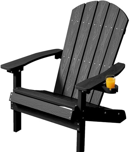 Adirondack Stuhl mit Getränkehalter für Outdoor Garten: Adirondack Chair Kunststoff HIPS Allwetter für Outdoor Stuhl - Adirondack Gartensessel Wetterfest für Balkon/Feuerstelle/Terrasse/Beach(Schwarz)