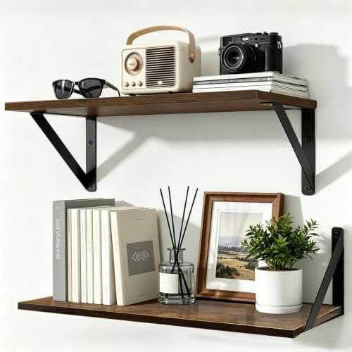 Loopsee Floating Shelves for Wall Shelf, 2 Wooden Rustic Walls Shelfs Unit | Bedroom Kitchen 40 x 20 cm Brown Wood Wall Mounted Deep Shelving Display Book Picture Small Plant Trinket, Living Room Office