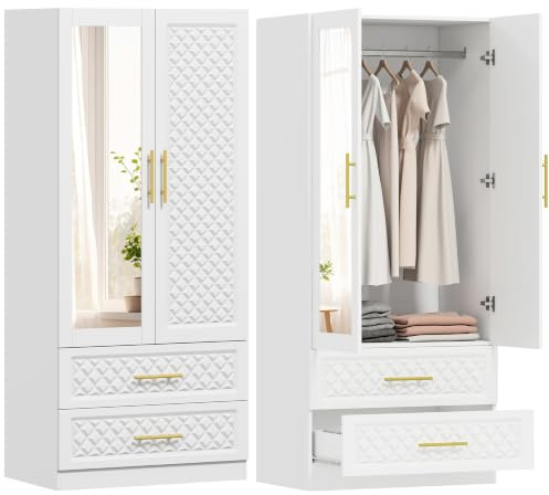 HOMCOM Armoire Chambre Penderie avec Miroir 2 Portes 80 x 50 x 180 cm Blanc | 2 Tiroirs, Barre de Suspension, Armoire à Vêtements, Dressing, Style Moderne