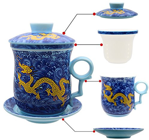 Hollihi Tasse en porcelaine avec couvercle, soucoupe et infuseur - Tasse à thé chinoise en porcelaine Jingdezhen pour thé en vrac ou café - Pour la maison ou le bureau