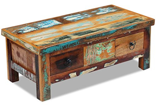 Festnight Retro-Stil Couchtisch Schubladentisch Beistelltisch Kaffeetisch aus Recyceltes Massivholz Holztisch Wohnzimmertisch mit 2 Schubladen 90x45x35cm