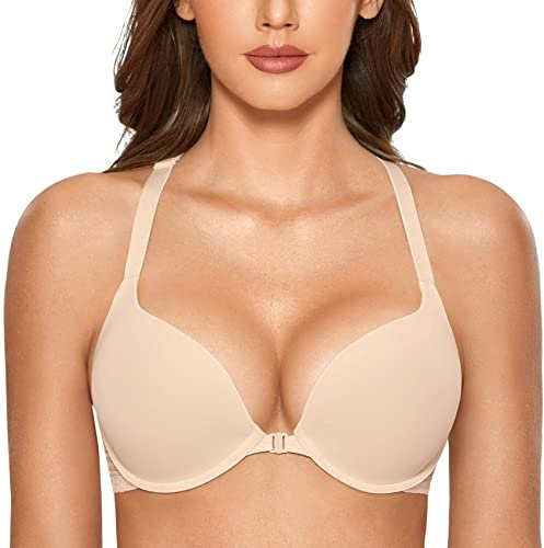 DOBREVA Women's Push Up Bra Front Fastening Bras T Shirt Racer Back Padded Underwired Plunge Bra Beige 34B