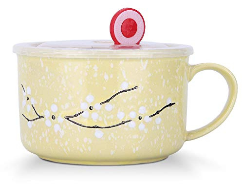 VanEnjoy 30oz Ceramic Bowl Set with Lid & Handle,Cherry Blossoms Among Snow Flake Pattern,Microwave for Instant Noodle Sara, Cereal Bowl (Yellow)