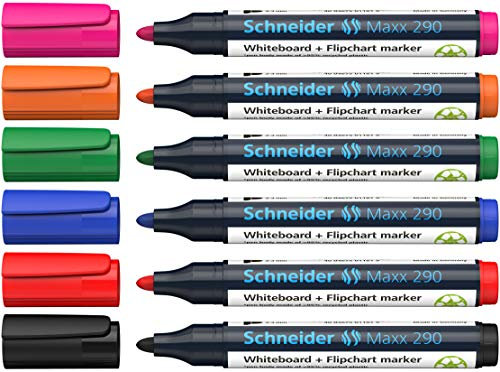 Schneider Maxx 290 Marker (für Whiteboards und Flipcharts, Rundspitze 2-3 mm Strichstärke, rückstandsfrei trocken abwischbar, hohe Qualität, kräftig und farbintensiv) Box mit 6 Farben