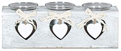 levandeo Teelichthalter 24x8x7cm 3 Kerzen Holz Shabby Chic Vintage Herz Deko Glas Kerzenhalter Romantik Geschenk