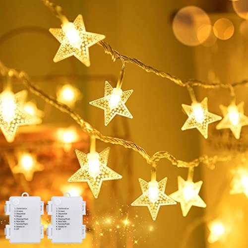 Qxmcov Sternen Lichterkette, Lichterkette Außen Batterie 2 Stück 5M 50 LED Sternen Lichterkette Außen Innen Weihnachten Lichterketten Batterie Warmweiß mit 8 Modi für Weihnachten Hochzeit Party Deko