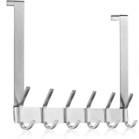 MEIJO Appendiabiti Da Porta, Ganci Porta In Acciaio Inox Con 6 Ganci, Attaccapanni Da Porta Per Cucina Ufficio Bagno (Argento, spessore 2,1 cm)