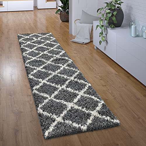 Paco Home Hochflor Teppich Läufer Flur Schlafzimmer Wohnzimmerteppich Shaggy Langflor Modern Skandinavisch Rautenmuster, Grösse:100x200 cm, Farbe:Anthrazit