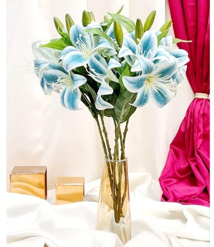 SATYAM KRAFT 3 Kopf Lilie Künstliche Blumen Sticks für Geschenke, Wohnkultur, Büro, Schlafzimmer, Balkon, Wohnzimmer, Restaurant, Diwali Dekoration und Handwerk (ohne Vasentopf) (Blau, 1 Stück)