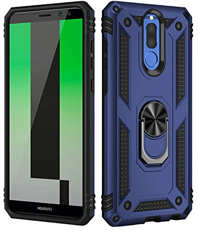BestST Schutzhülle für Huawei Mate 10 Lite, Hartglas, Soft TPU + PC, Heavy Duty, Slim Dual Layer Protective Metallringhalter, Blau