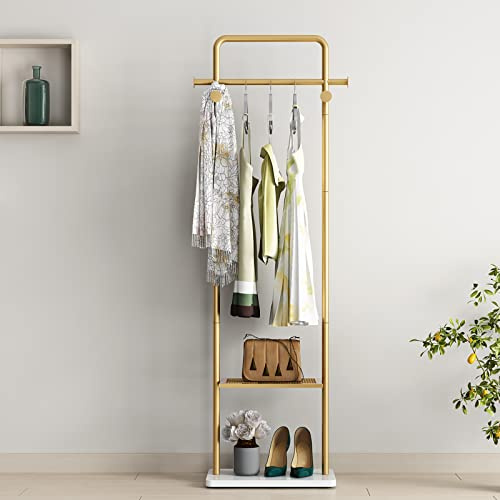 TIEOU Goldener Kleiderständer mit Ablage, goldene Kleiderständer für Boutiquen, freistehender Kleiderständer zum Aufhängen von Kleidung, goldener Kleiderständer, kleiner Metall-Kleiderständer,