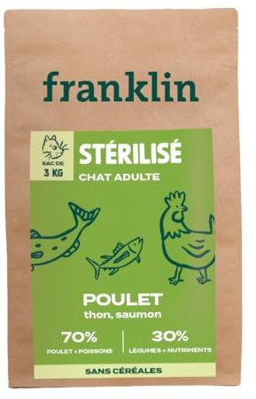 FRANKLIN - Croquette pour Chat Adulte Stérilisé - Gamme Carnivore - 70% De Viande & De Poisson - Croquettes sans Céréales - Riches en Protéines - Fermeture Intégrée - Taille 9mm - 3 kg