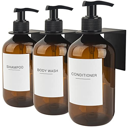 Ezebesta 3PCS 500ml Amber Plastic Shower Pump Dispensers with 22 Labels and 3 Wall-Mounted Rack Bathroom Soap Bottles