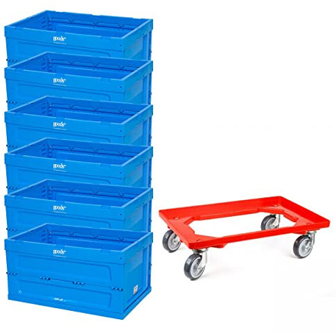 6er-Set Faltboxen PK6040308 Euroformat 60x40x30cm inkl. Transportroller rot, Volumen 58 L, stapelbarer Kunststoffbehälter Farbe Blau, Lager- und Transport bis 30kg belastbar, lebensmittelgeeignet