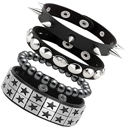 Manfnne 4Pz Stella Braccialetti Punk Rock Gotico Polsino Regolabile con Rivetto Borchie Perline Uomo Donna Accessorio motociclista Retro vintage
