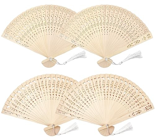 IOUALEY 4 Pack Wooden Folding Fans with Tassels, Vintage Wood Hand Fan Foldable Sandalwood Hand Fan for Women Wedding Favors Baby Shower Party Gift
