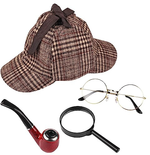 MFUOE Juego de 4 piezas de disfraz de detective, sombrero de ciervo, lupa, tubo victoriano, Sherlock Holmes, accesorio de disfraz para Halloween, accesorios de fiesta