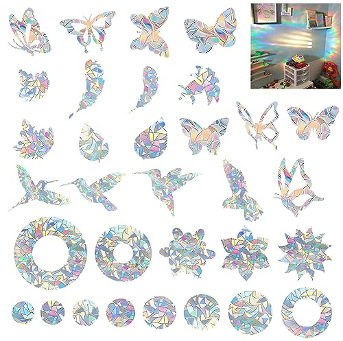 32 Stück Prisma Fensteraufkleber Vogelschutz, Suncatcher Sticker, Vogel Anti Kollisions Fenster Aufkleber, Regenbogen Fensterfolie Sticker, Vogelschutz Aufkleber Fenster, Vogelschutz für Glasscheiben