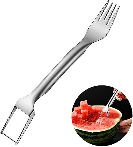 Jinpojun Tenedor Cortador de Sandía y Melón 2 en 1, Rebanador Multifuncional de Frutas de Acero Inoxidable para Fiestas en Casa y Camping