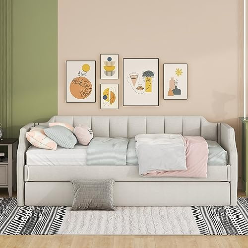 Merax Daybed,Upholstered Bed,90 x 200 cm Gepolstertes Einzeltagesbett mit Rollbett Funktionsbett ausziehbares,Bett Kinderbett Gästebet (Ohne Matratze) Beige Cotton Linen