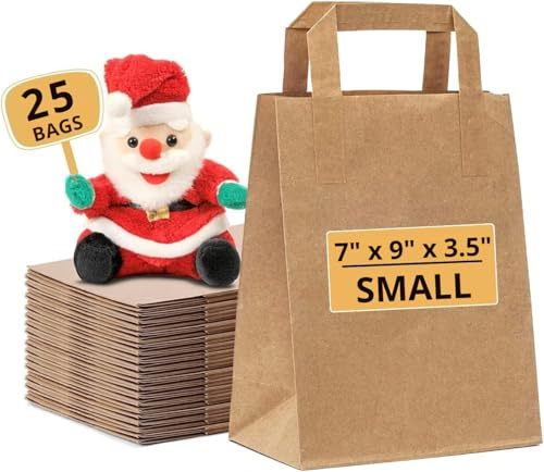 Paper Bags with Handles - 25 Small Brown Paper Bags (W7 x H9 x D3.5) - Small SOS Kraft Bags - Perfect for Lunch, Party, Gift, Storage, Packaging, Grocery Takeaway, Sandwich